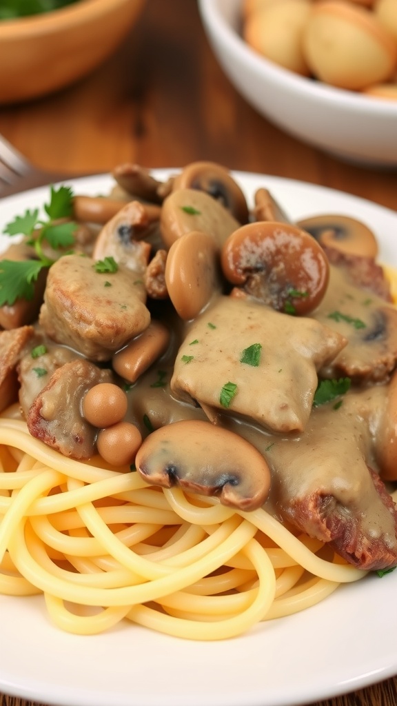 A delicious serving of beef stroganoff on egg noodles with mushrooms and parsley on a wooden table.